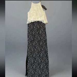 Vintage AIDAN MATTOX Gown Size 4 Ivory Black Beaded Long Gorgeous Dress $350 NWT